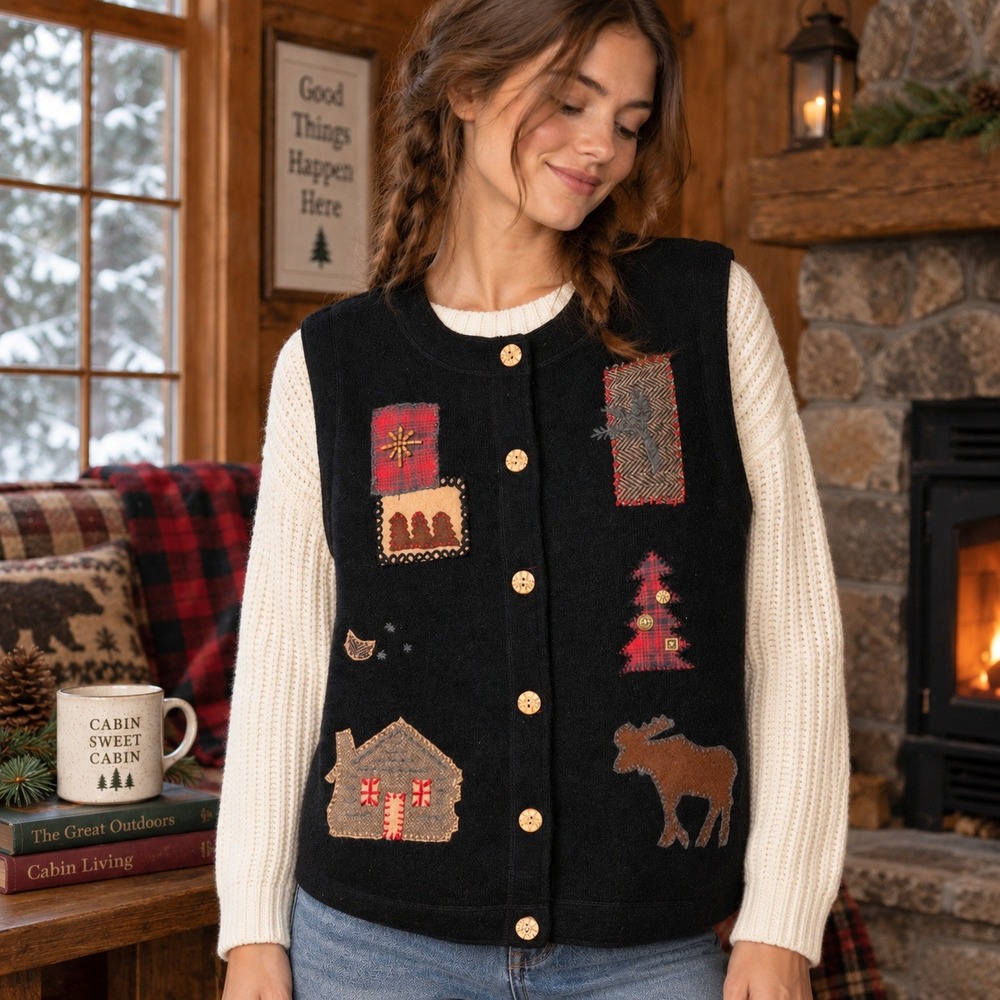 Woolrich Womens Wool Appliqué Cabin Moose Vest Sz M Black Cottage Christmas Folk